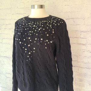 Nordstrom Halogen Soft & Cozy Wool Blend Black Cable Knit Jewel Sweater Medium